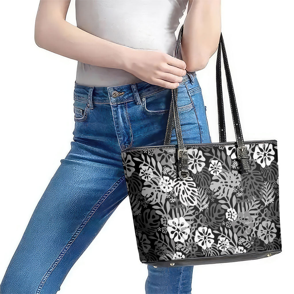 Black Aloha Hawaiian Leather Tote Bag Monstera Hibiscus Tropical Pattern