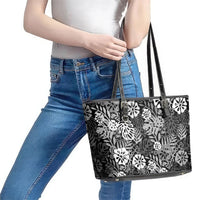 Black Aloha Hawaiian Leather Tote Bag Monstera Hibiscus Tropical Pattern