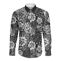 Black Aloha Hawaiian Long Sleeve Button Shirt Monstera Hibiscus Tropical Pattern