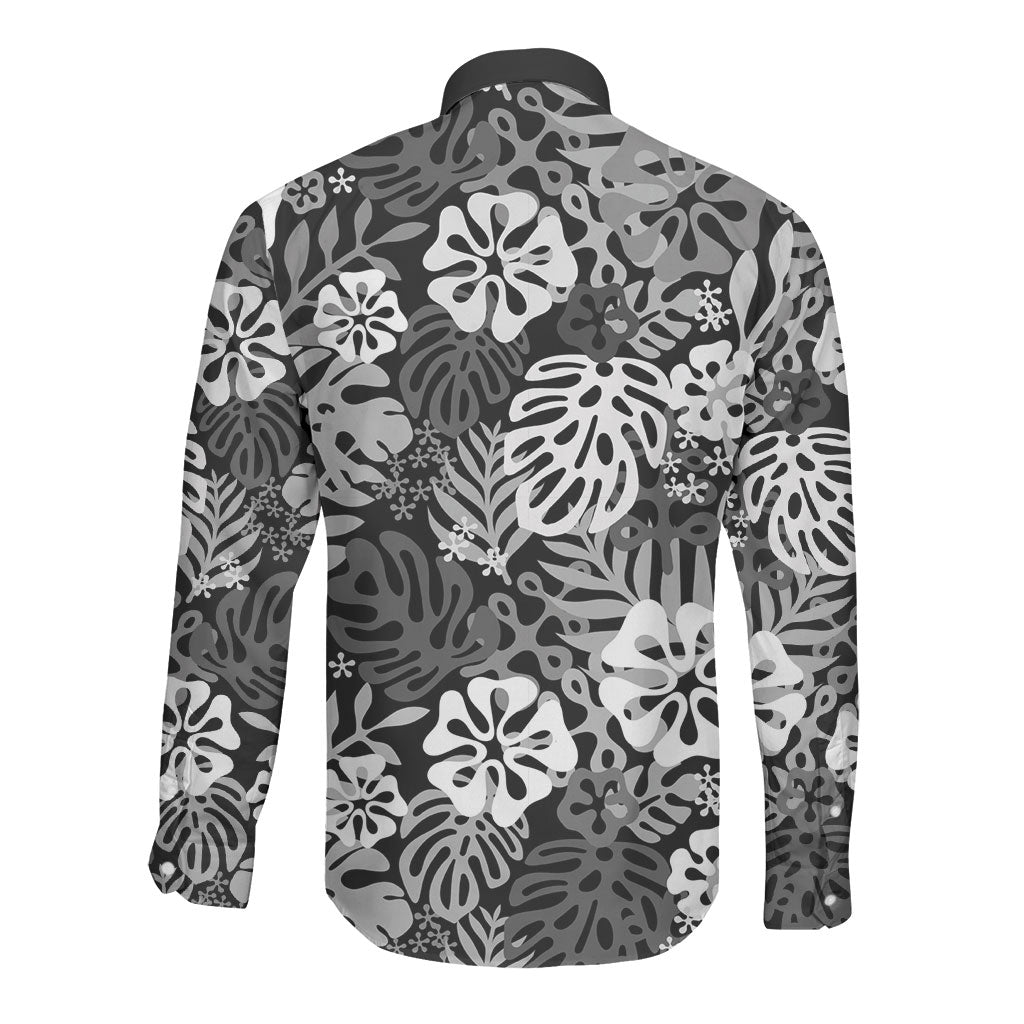 Black Aloha Hawaiian Long Sleeve Button Shirt Monstera Hibiscus Tropical Pattern