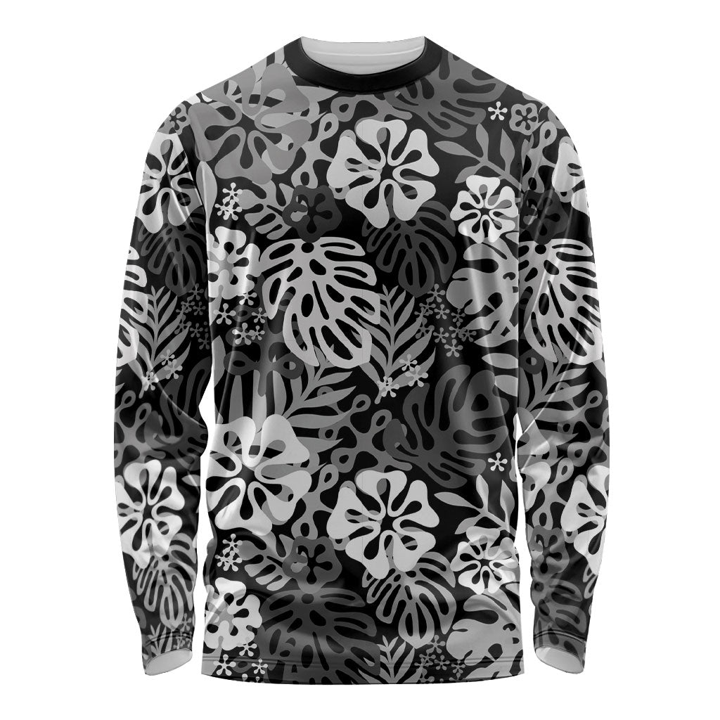Black Aloha Hawaiian Long Sleeve Shirt Monstera Hibiscus Tropical Pattern