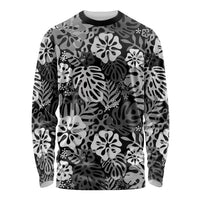 Black Aloha Hawaiian Long Sleeve Shirt Monstera Hibiscus Tropical Pattern