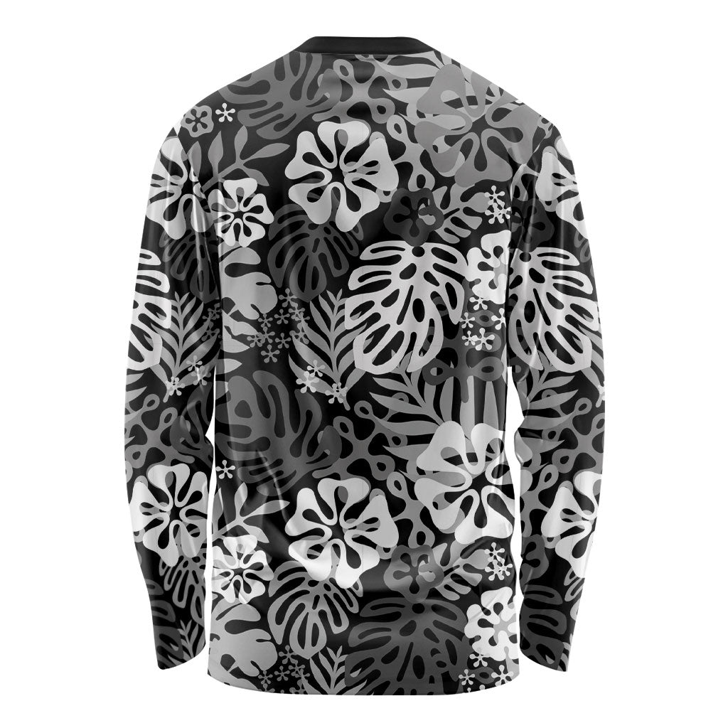 Black Aloha Hawaiian Long Sleeve Shirt Monstera Hibiscus Tropical Pattern
