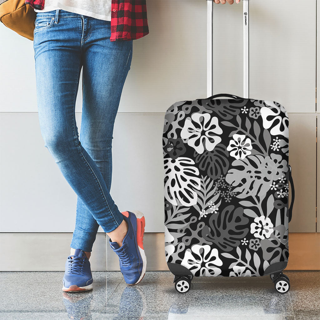 Black Aloha Hawaiian Luggage Cover Monstera Hibiscus Tropical Pattern