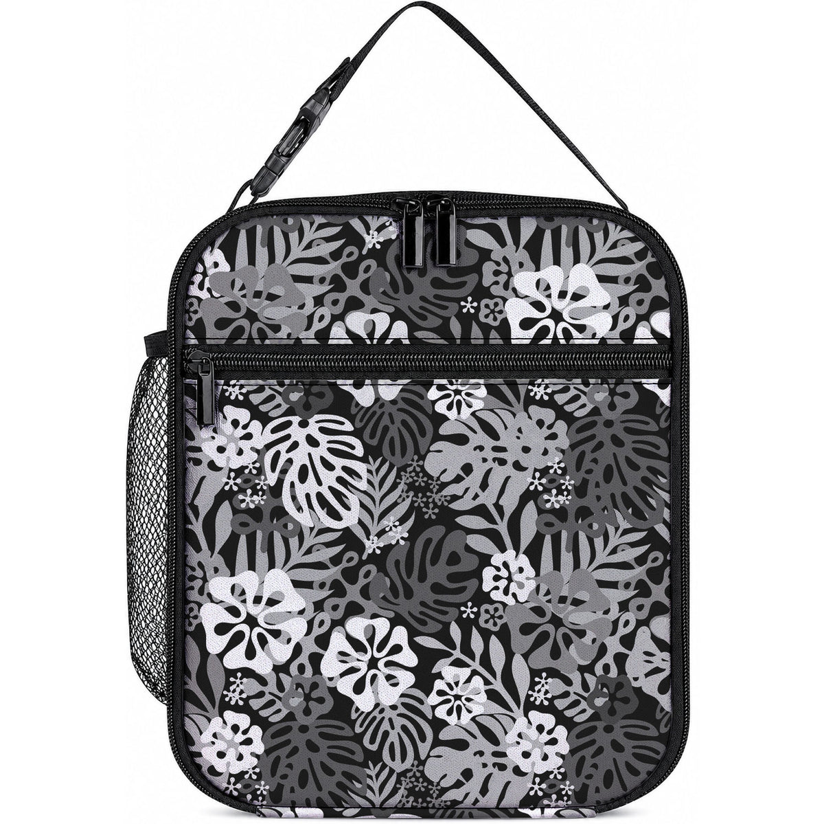 Black Aloha Hawaiian Lunch Bag Monstera Hibiscus Tropical Pattern