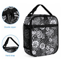 Black Aloha Hawaiian Lunch Bag Monstera Hibiscus Tropical Pattern