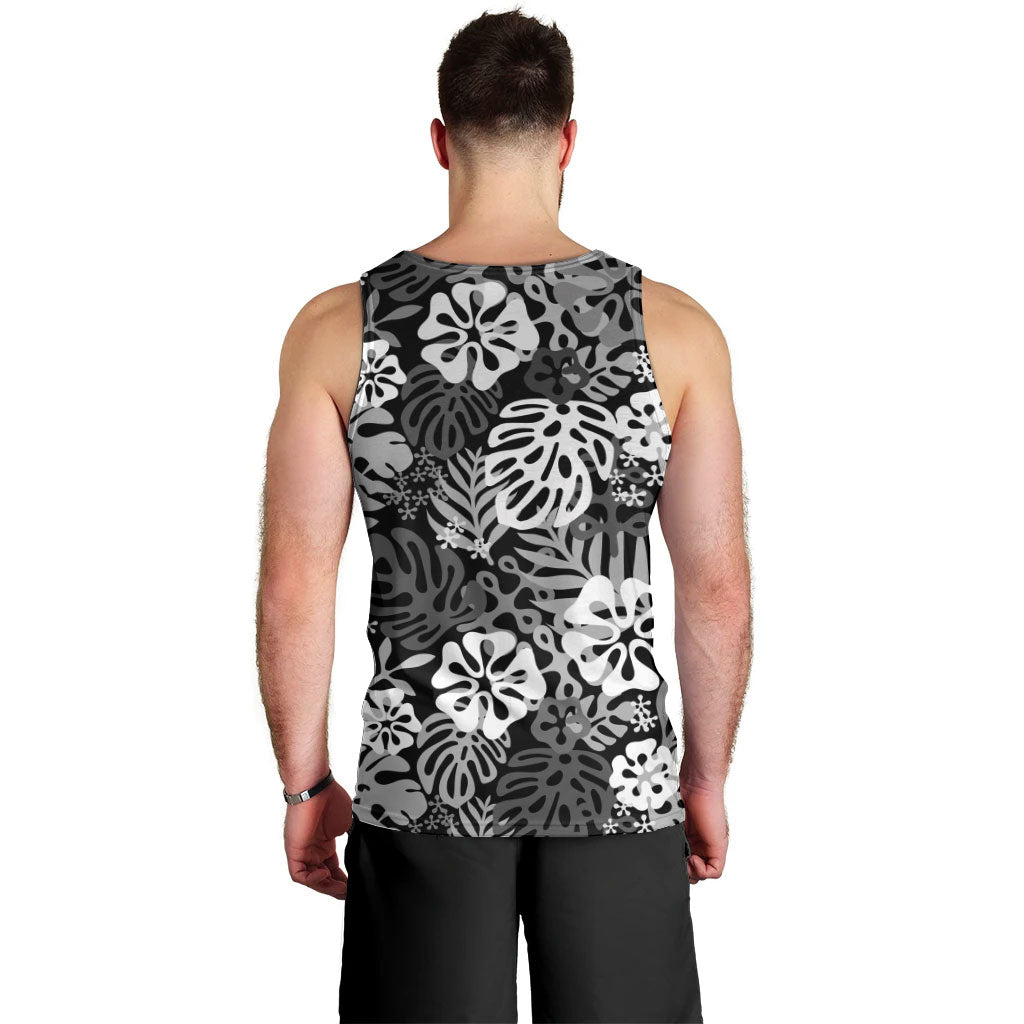Black Aloha Hawaiian Men Tank Top Monstera Hibiscus Tropical Pattern