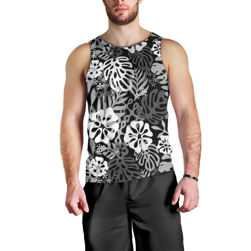 Black Aloha Hawaiian Men Tank Top Monstera Hibiscus Tropical Pattern