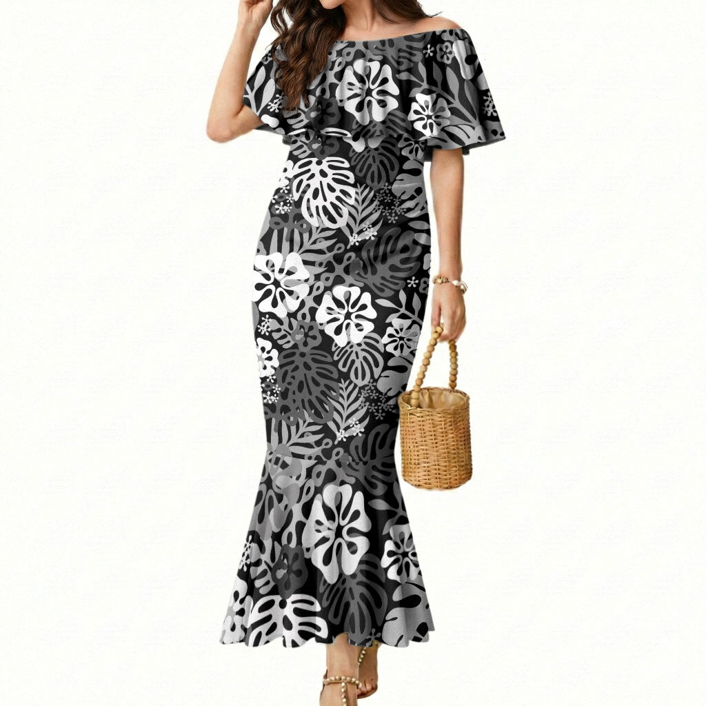 Black Aloha Hawaiian Mermaid Dress Monstera Hibiscus Tropical Pattern