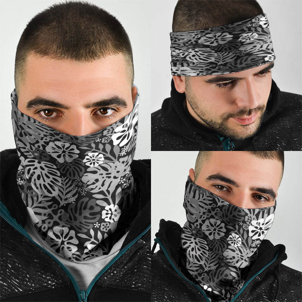 Black Aloha Hawaiian Neck Gaiter Monstera Hibiscus Tropical Pattern