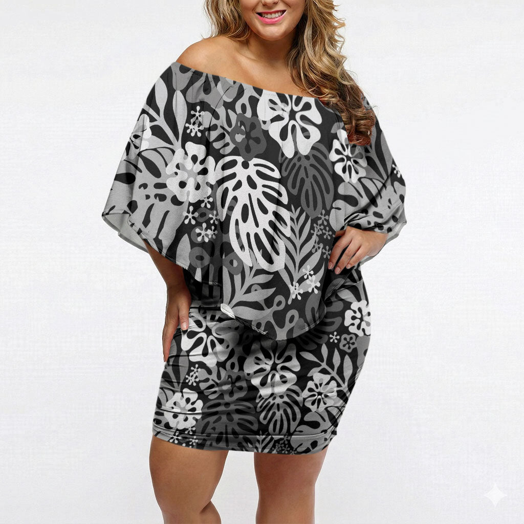 Black Aloha Hawaiian Off Shoulder Short Dress Monstera Hibiscus Tropical Pattern