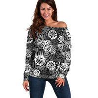 Black Aloha Hawaiian Off Shoulder Sweater Monstera Hibiscus Tropical Pattern