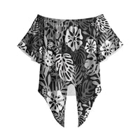 Black Aloha Hawaiian Off Shoulder Wrap Waist Top Monstera Hibiscus Tropical Pattern