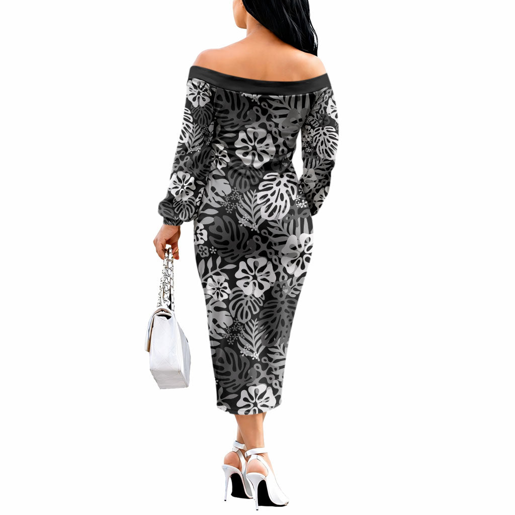 Black Aloha Hawaiian Off The Shoulder Long Sleeve Dress Monstera Hibiscus Tropical Pattern