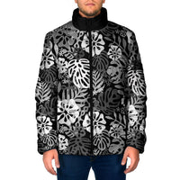 Black Aloha Hawaiian Padded Jacket Monstera Hibiscus Tropical Pattern
