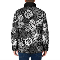 Black Aloha Hawaiian Padded Jacket Monstera Hibiscus Tropical Pattern