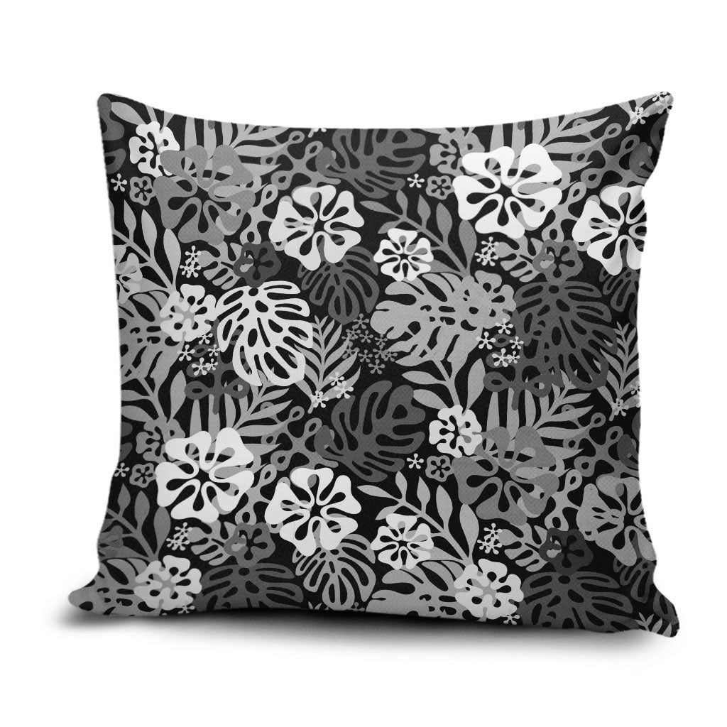 Black Aloha Hawaiian Pillow Cover Monstera Hibiscus Tropical Pattern