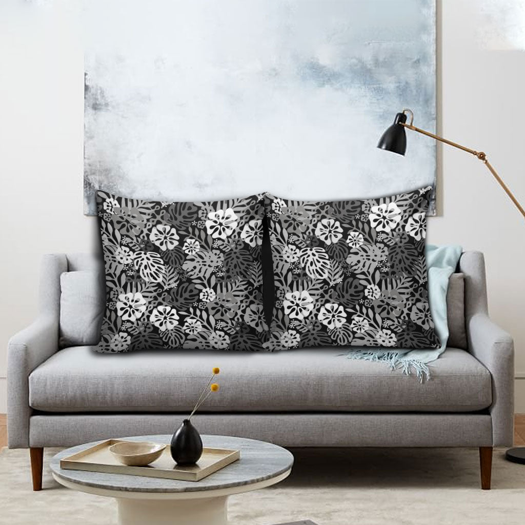 Black Aloha Hawaiian Pillow Cover Monstera Hibiscus Tropical Pattern