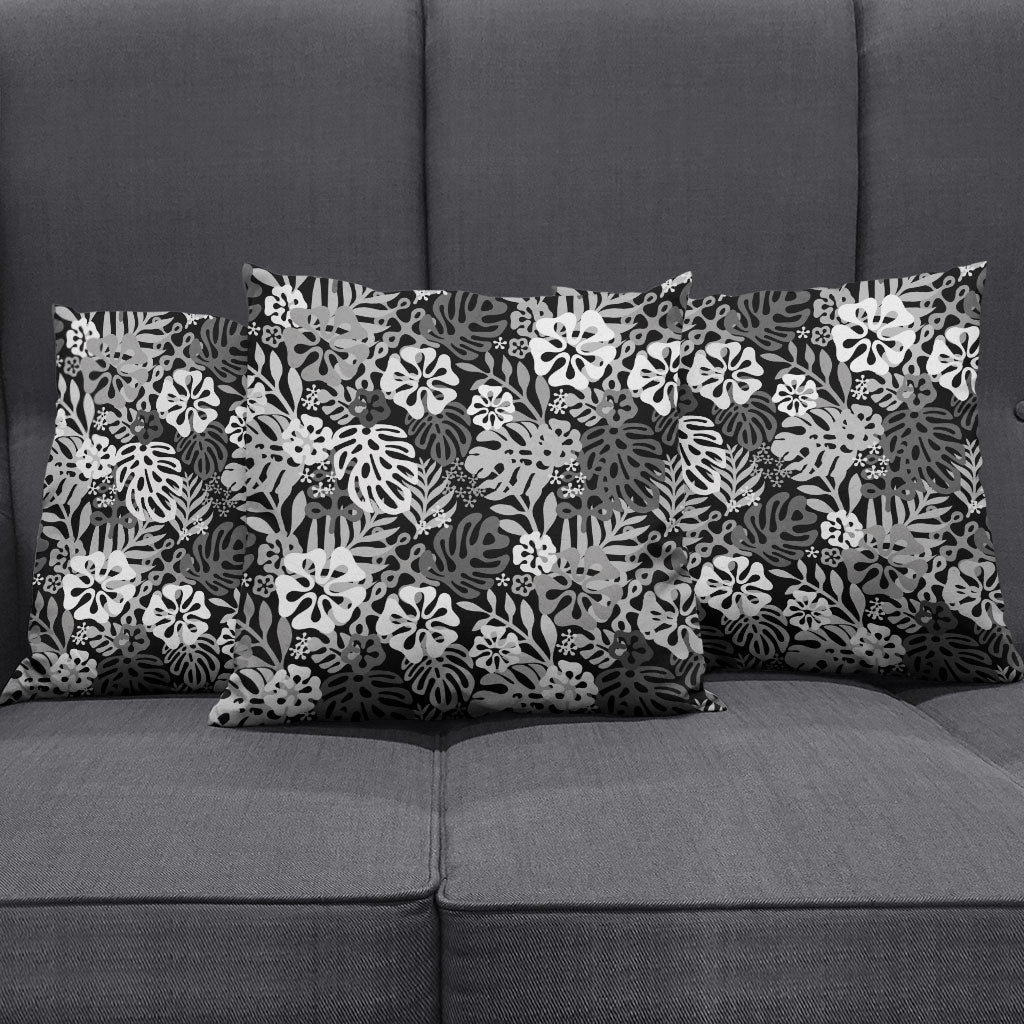 Black Aloha Hawaiian Pillow Cover Monstera Hibiscus Tropical Pattern
