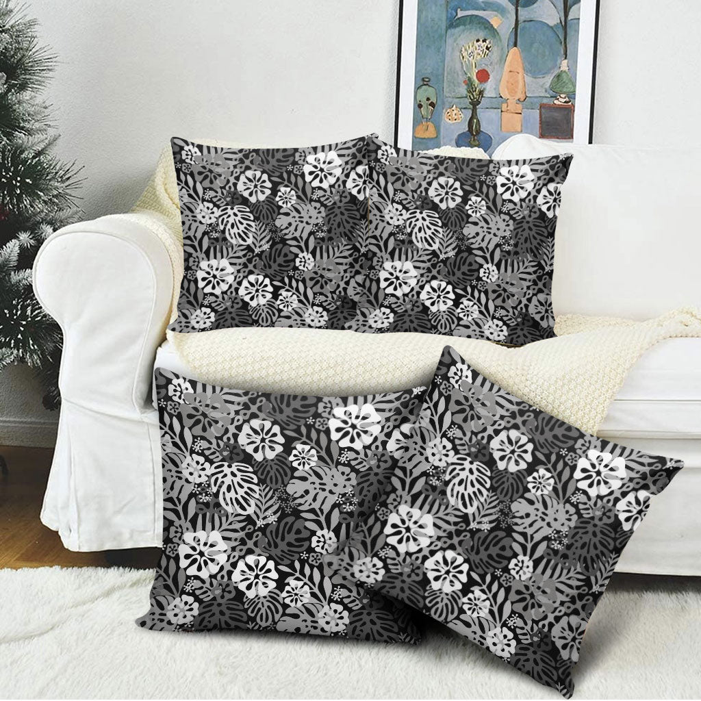 Black Aloha Hawaiian Pillow Cover Monstera Hibiscus Tropical Pattern