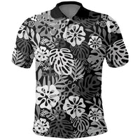 Black Aloha Hawaiian Polo Shirt Monstera Hibiscus Tropical Pattern