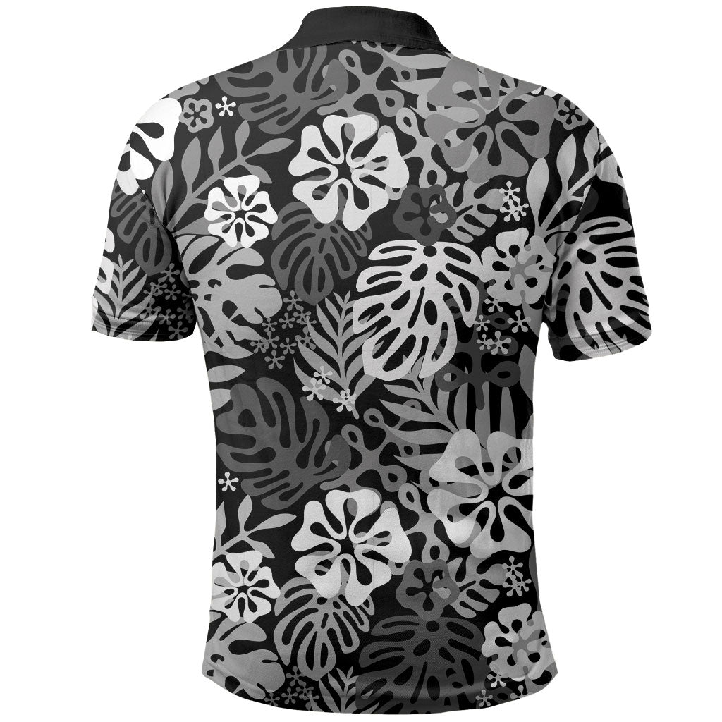 Black Aloha Hawaiian Polo Shirt Monstera Hibiscus Tropical Pattern