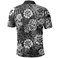 Black Aloha Hawaiian Polo Shirt Monstera Hibiscus Tropical Pattern