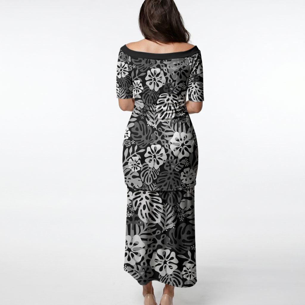 Black Aloha Hawaiian Puletasi Monstera Hibiscus Tropical Pattern