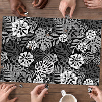 Black Aloha Hawaiian Puzzle Monstera Hibiscus Tropical Pattern