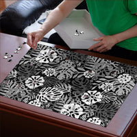 Black Aloha Hawaiian Puzzle Monstera Hibiscus Tropical Pattern