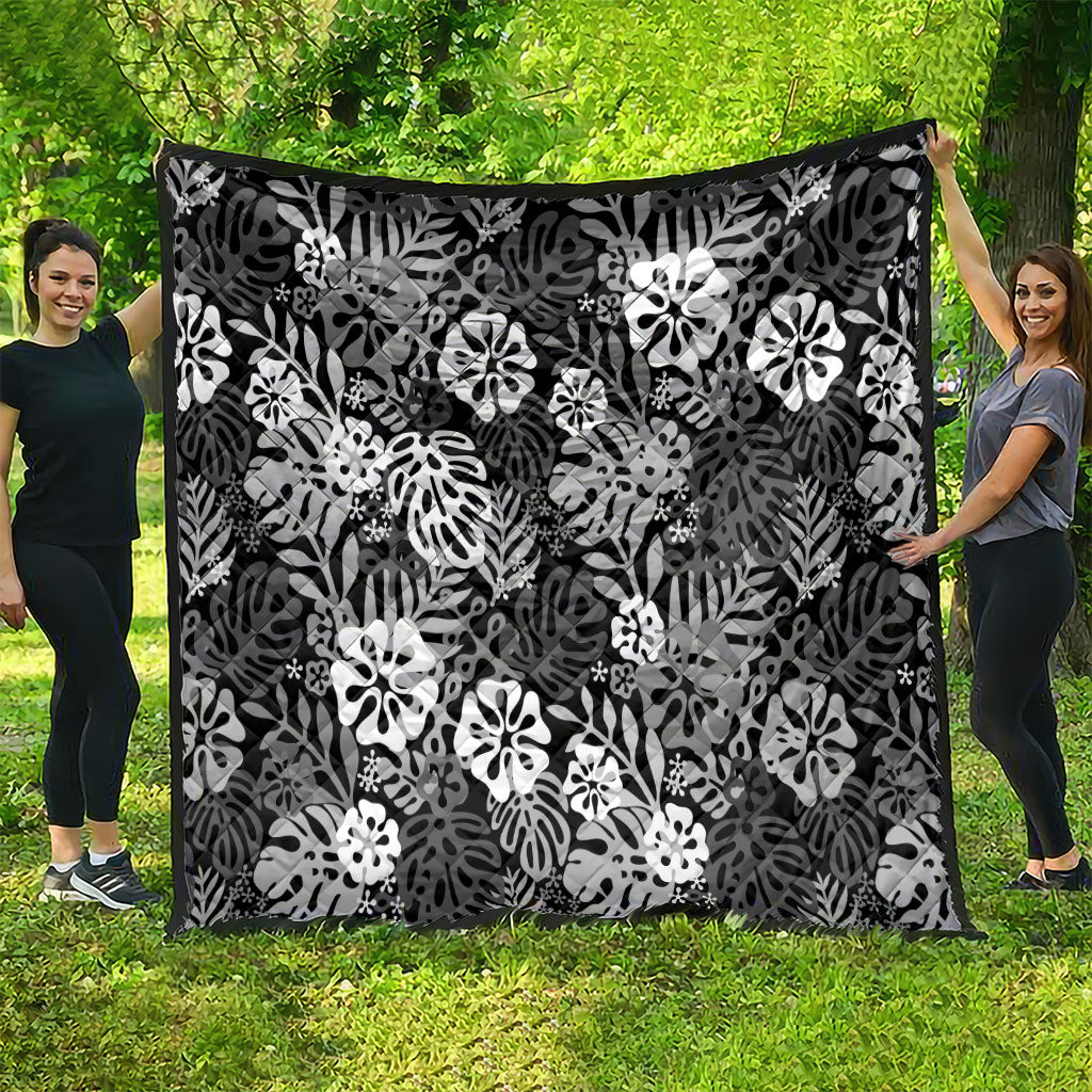 Black Aloha Hawaiian Quilt Monstera Hibiscus Tropical Pattern