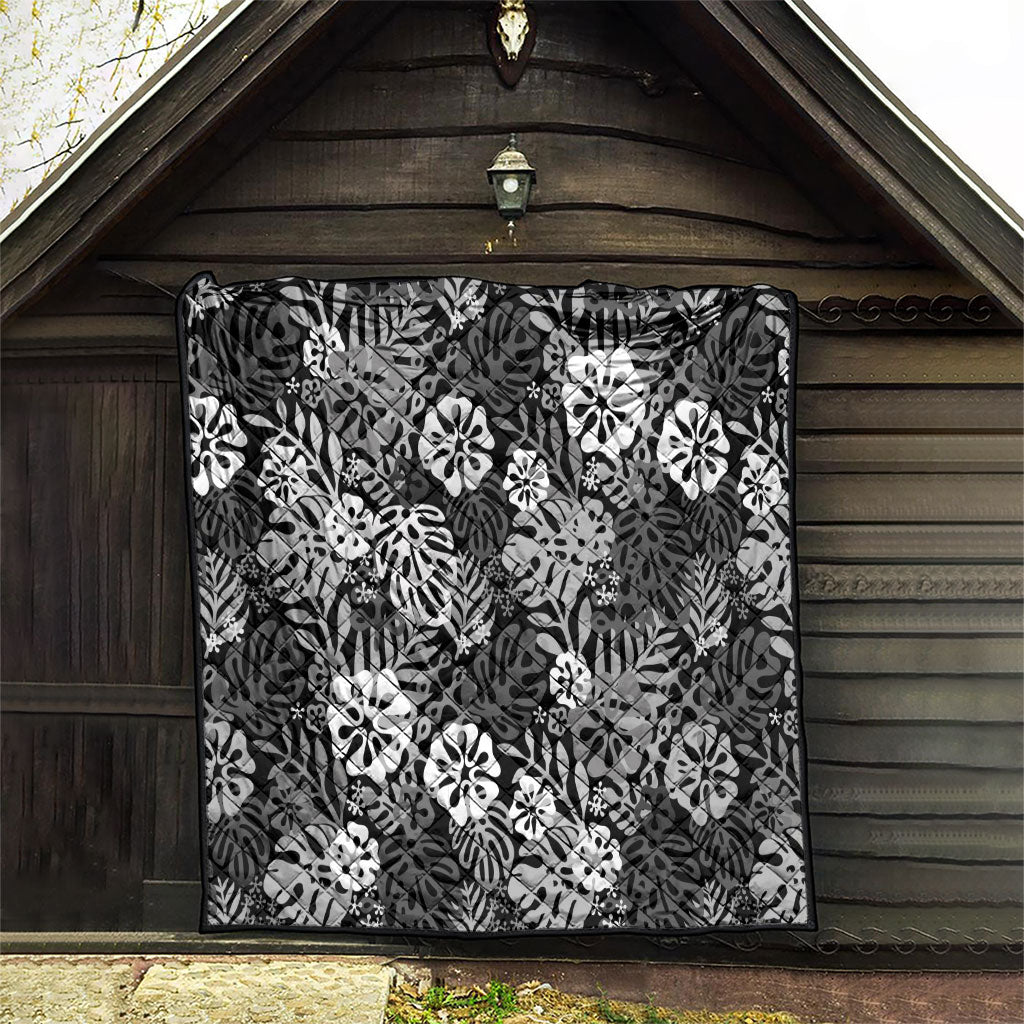 Black Aloha Hawaiian Quilt Monstera Hibiscus Tropical Pattern