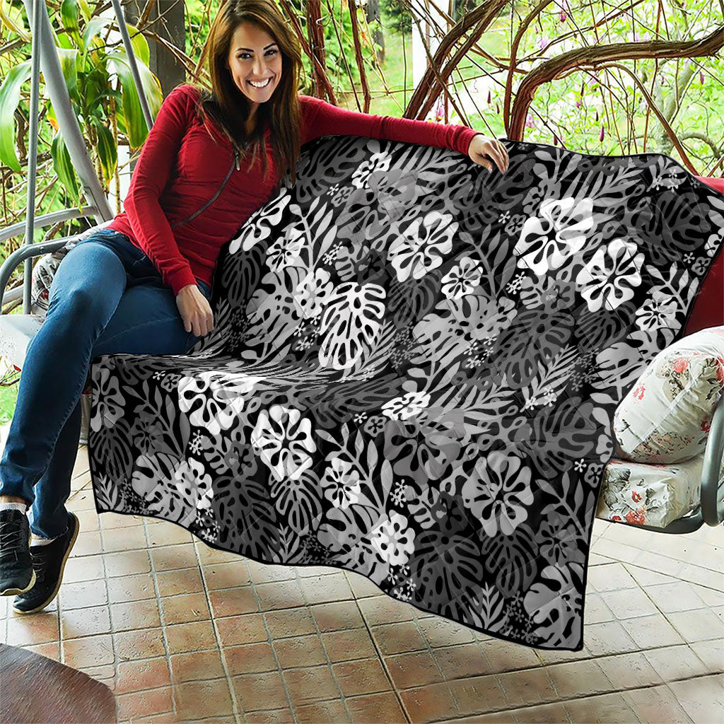 Black Aloha Hawaiian Quilt Monstera Hibiscus Tropical Pattern