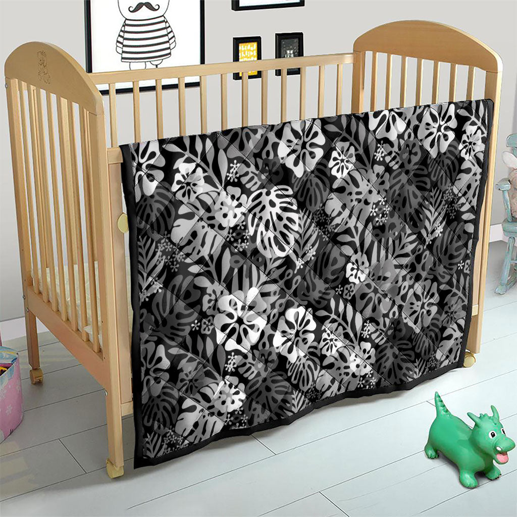 Black Aloha Hawaiian Quilt Monstera Hibiscus Tropical Pattern