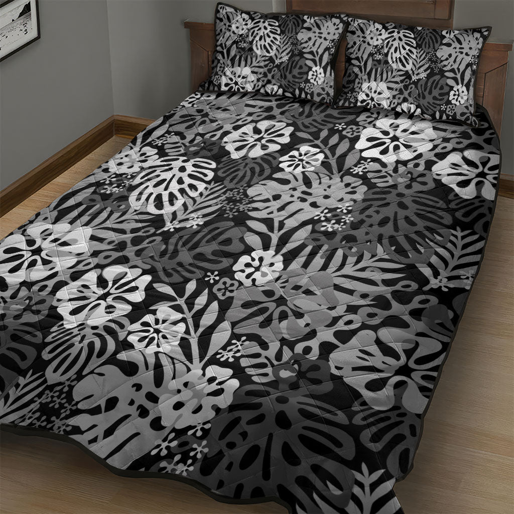Black Aloha Hawaiian Quilt Bed Set Monstera Hibiscus Tropical Pattern