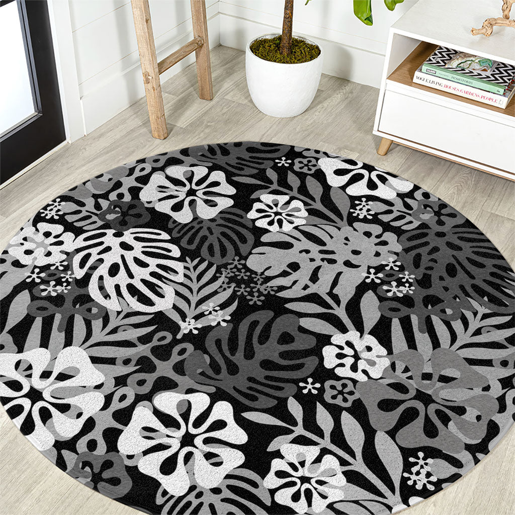 Black Aloha Hawaiian Round Carpet Monstera Hibiscus Tropical Pattern