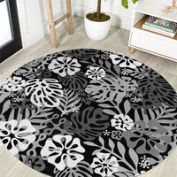 Black Aloha Hawaiian Round Carpet Monstera Hibiscus Tropical Pattern