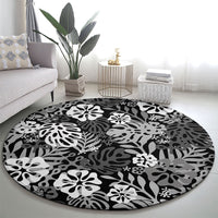 Black Aloha Hawaiian Round Carpet Monstera Hibiscus Tropical Pattern