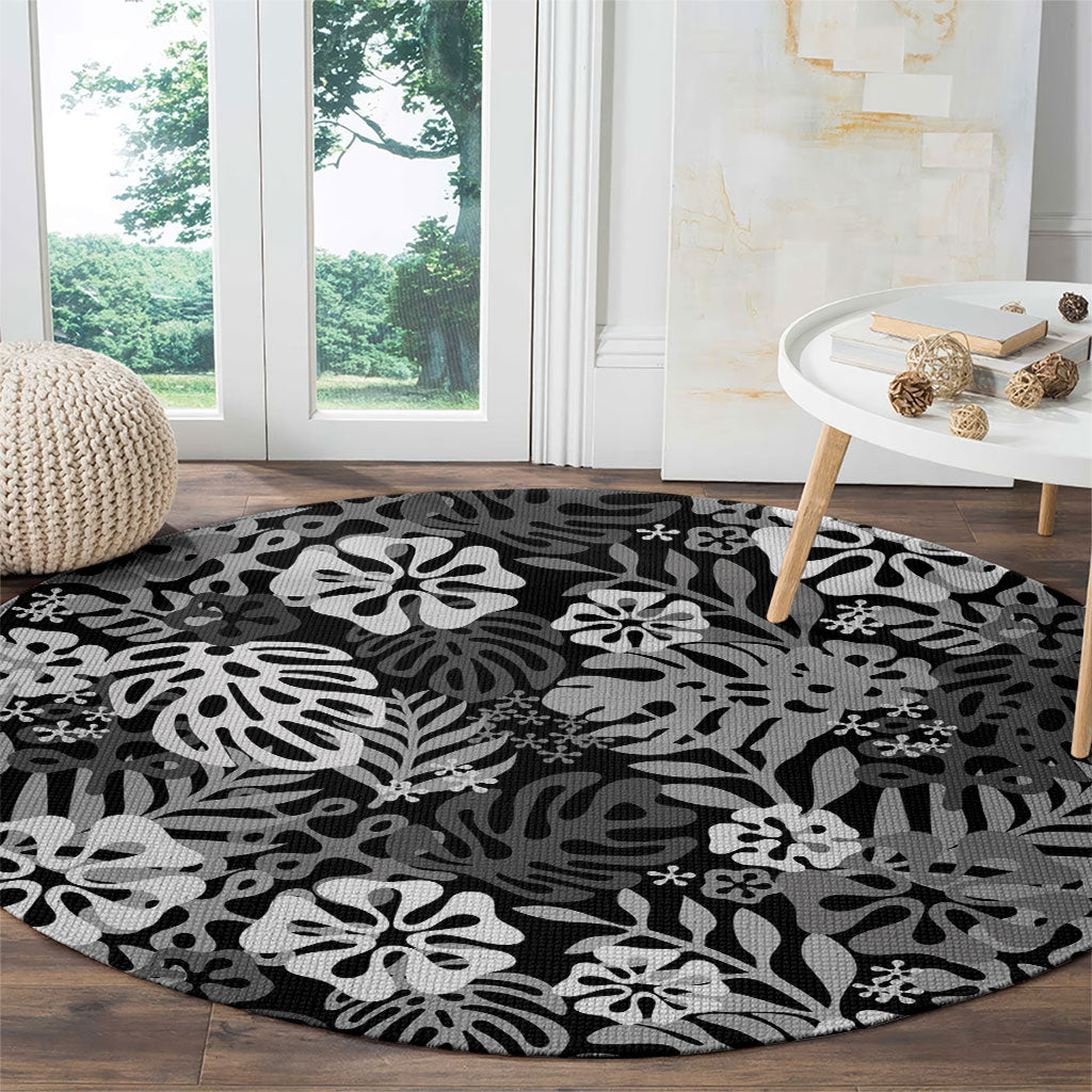 Black Aloha Hawaiian Round Carpet Monstera Hibiscus Tropical Pattern