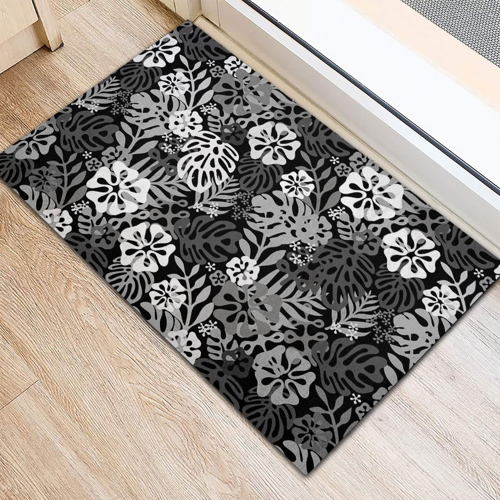 Black Aloha Hawaiian Rubber Doormat Monstera Hibiscus Tropical Pattern