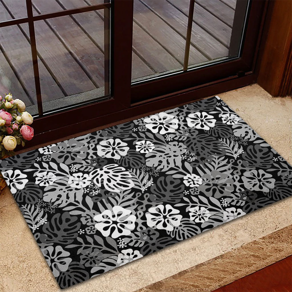 Black Aloha Hawaiian Rubber Doormat Monstera Hibiscus Tropical Pattern