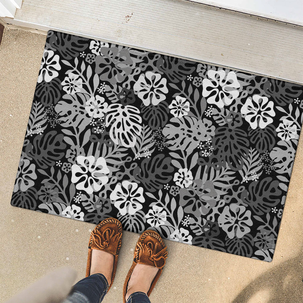 Black Aloha Hawaiian Rubber Doormat Monstera Hibiscus Tropical Pattern