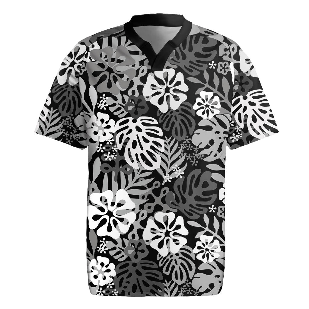 Black Aloha Hawaiian Rugby Jersey Monstera Hibiscus Tropical Pattern