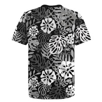 Black Aloha Hawaiian Rugby Jersey Monstera Hibiscus Tropical Pattern