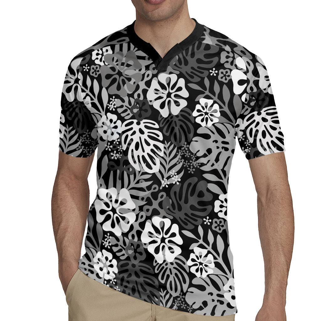 Black Aloha Hawaiian Rugby Jersey Monstera Hibiscus Tropical Pattern
