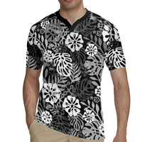 Black Aloha Hawaiian Rugby Jersey Monstera Hibiscus Tropical Pattern