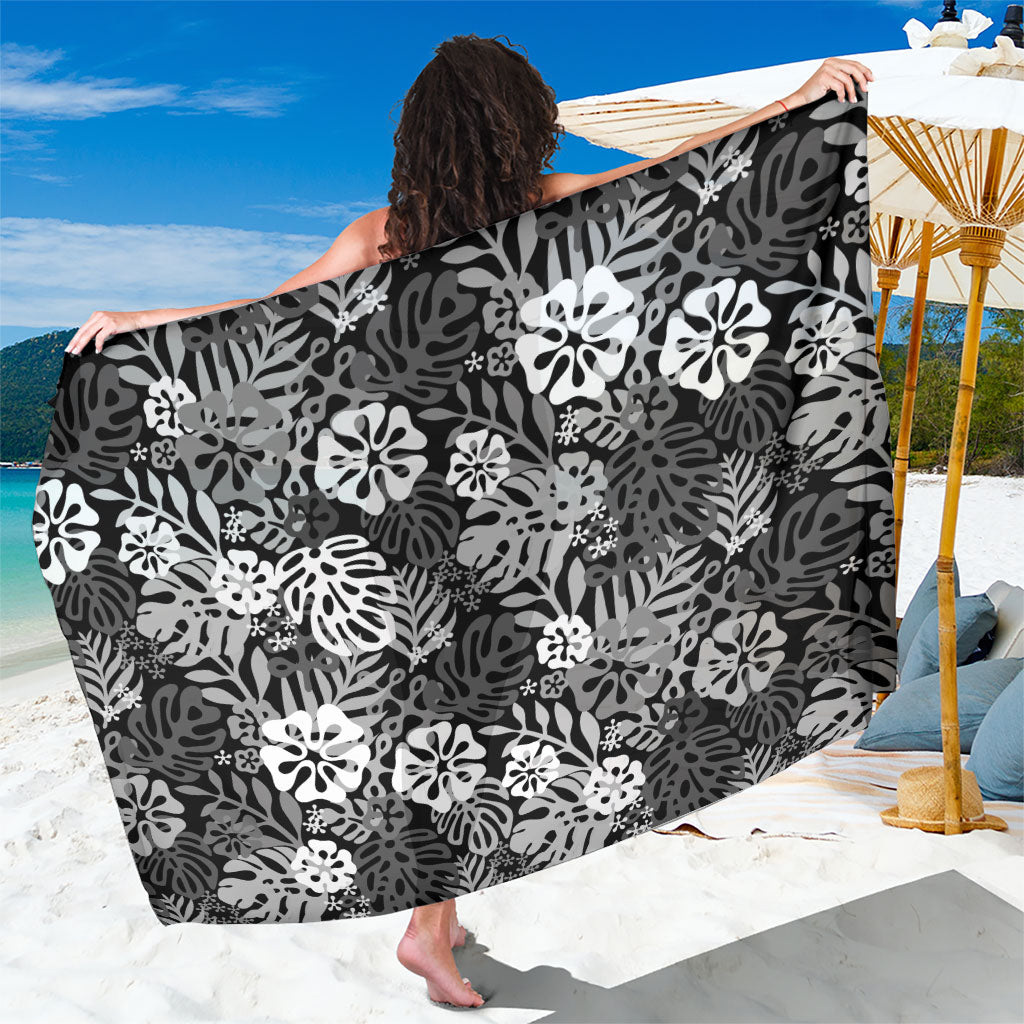Black Aloha Hawaiian Sarong Monstera Hibiscus Tropical Pattern