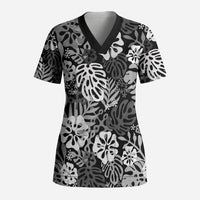 Black Aloha Hawaiian Scrub Top Monstera Hibiscus Tropical Pattern