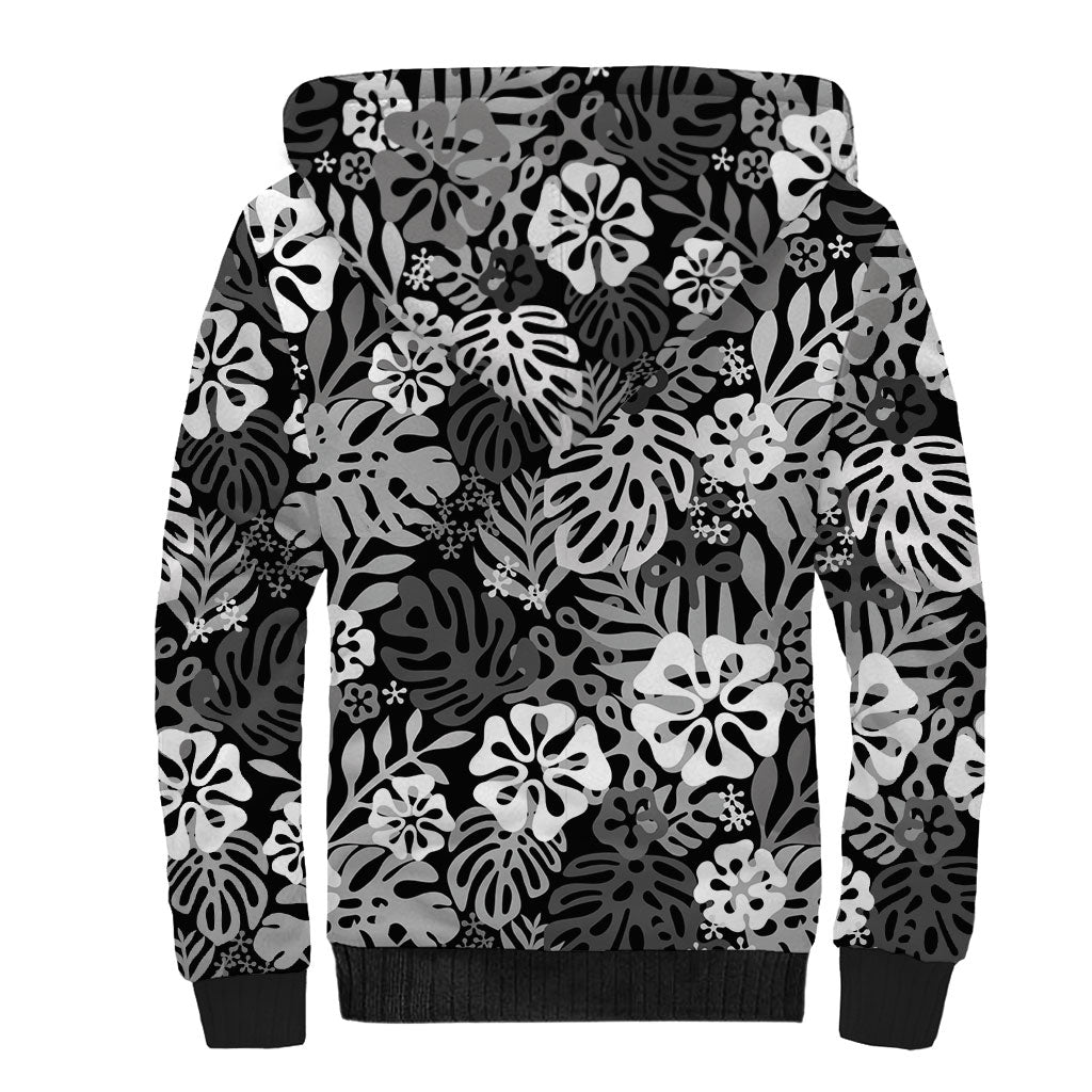 Black Aloha Hawaiian Sherpa Hoodie Monstera Hibiscus Tropical Pattern