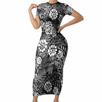 Black Aloha Hawaiian Short Sleeve Bodycon Dress Monstera Hibiscus Tropical Pattern